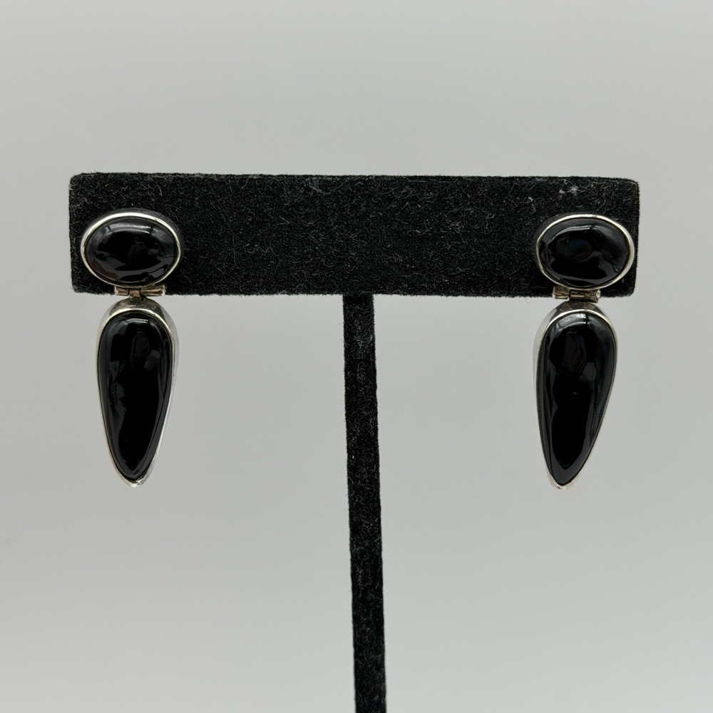 Mexico Sterling Onyx Black Post Drop Dangle Earrings Silver 925 1.25"